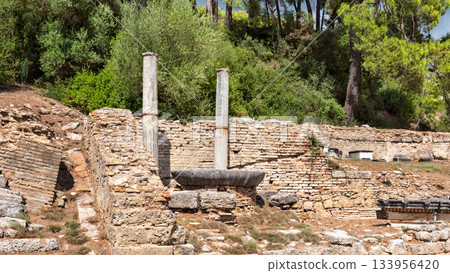 Ruins of the Nymphaion (or Nymphaeum) a monumental fountain in ancient Olympia, Greece Ruins of the Nymphaion (or Nymphaeum) a monumental fountain in ancient Olympia, Greece 133956420