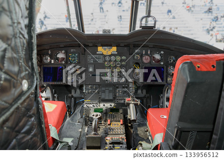 The cockpit of a Japan Ground Self-Defense Force UH-60J helicopter undergoing maintenance 133956512