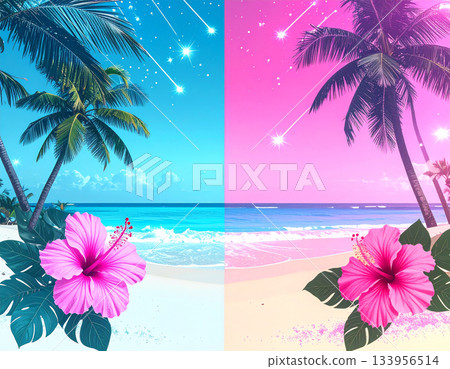熱帶海灘，流星劃過洋紅色和藍色的霓虹天空。 133956514