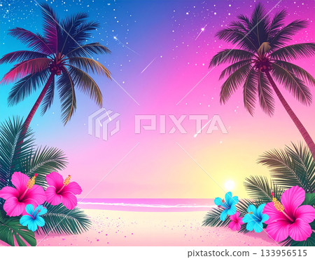 A tropical beach with a shooting star in the neon magenta and blue sky 133956515