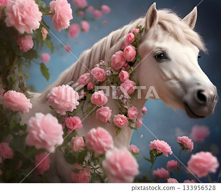 portrait of amazing beautiful white horse jewelred by roses flowers around pink roses against blue background. Ai generated portrait of amazing beautiful white horse jewelred by roses flowers around pink roses against blue background. Ai generated 133956528