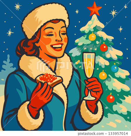 Happy New Year! Woman wearing winter coat with fur-trimmed collar and furry hat eating red caviar sandwich and drinking champagne from slender flute on winter night background with New Year tree. Retr 133957014
