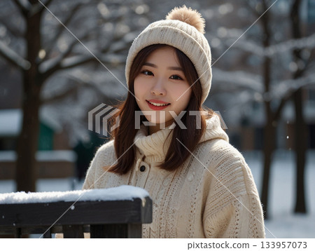 雪中的公園裡，一位微笑的女子 133957073