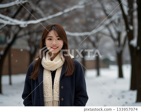 冬季公園裡穿外套的女人 133957074