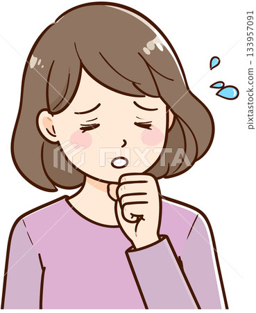 A simple illustration of a woman coughing while holding her mouth due to poor health 133957091