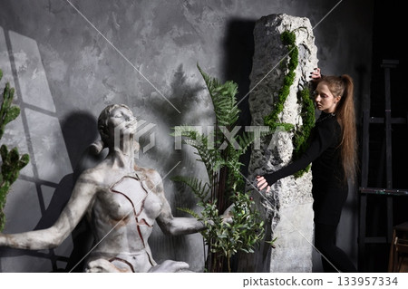 Gallery scene showcasing thoughtful botanical decoration placement Gallery scene showcasing thoughtful botanical decoration placement 133957334