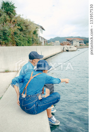 一對老年夫婦在海灘上享受釣魚的背影 一對老年夫婦在海灘上享受釣魚的背影 133957530