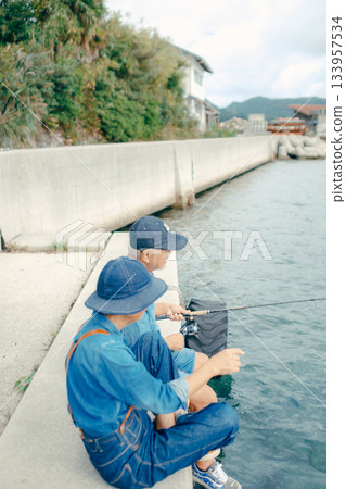 一對老年夫婦在海灘上享受釣魚的背影 133957534