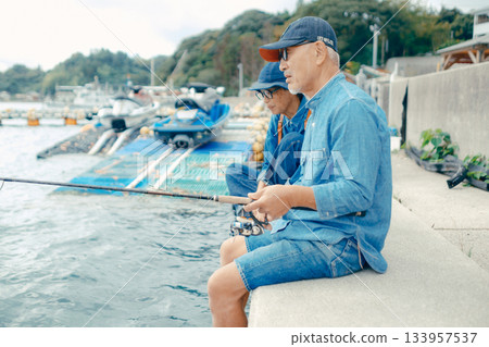 一對老年夫婦在海灘上享受釣魚的背影 一對老年夫婦在海灘上享受釣魚的背影 133957537