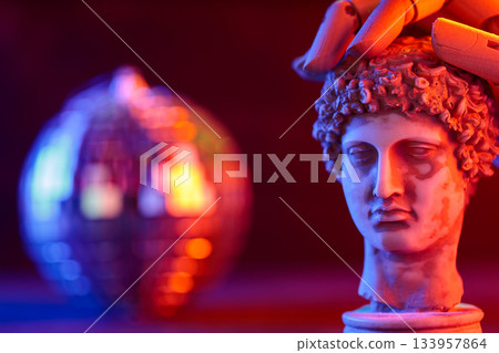 Sculpture Bust with Disco Ball and Wooden Hand in Neon Light Sculpture Bust with Disco Ball and Wooden Hand in Neon Light 133957864