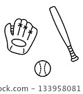棒球手套、球棒和棒球的線條繪製插圖。 133958081