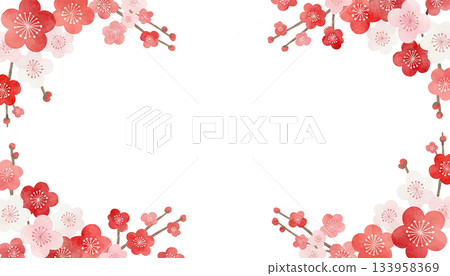 New Year's card frame, red and white plum blossoms and watercolor, Japanese modern style 133958369