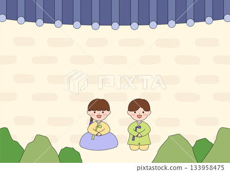 Vector illustration of a cute Korean children wearing hanbok. Vector illustration of a cute Korean children wearing hanbok. 133958475