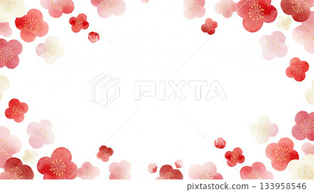 新年賀卡邊框水彩紅白梅花與日式現代橫版 133958546