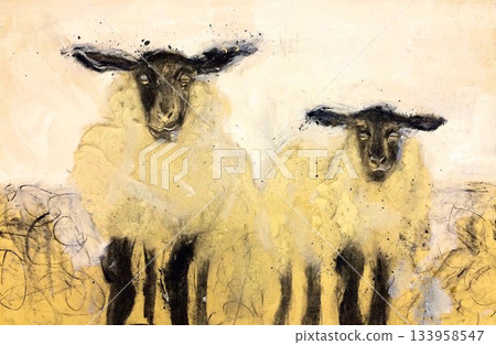 羊年生肖羊年新年賀卡，炭筆和壓克力顏料繪於日本紙背景（Hogara）上 133958547