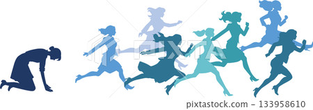 Illustration of a businesswoman who can't keep up with others 133958610