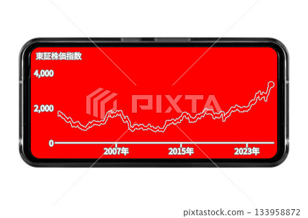 Image of a smartphone screen with a red background displaying long-term stock price trends: Cutout transparent background material Image of a smartphone screen with a red background displaying long-term stock price trends: Cutout transparent background material 133958872