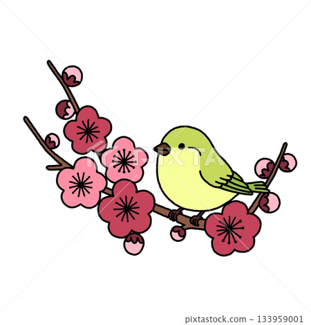 一隻灌叢鶯棲息在李樹枝上。 133959001