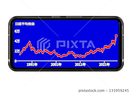 一張藍色背景的智慧型手機螢幕圖片，顯示長期股票價格趨勢：透明背景素材 133959245