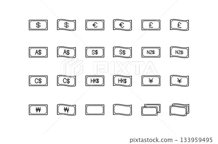 世界貨幣紙幣的簡易黑色線條圖示集 世界貨幣紙幣的簡易黑色線條圖示集 133959495