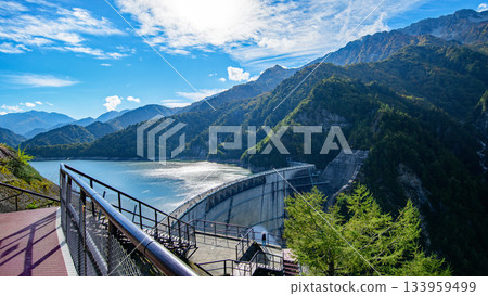 Kurobe Dam, exterior stairs and tourist water release, Kurobe Alpine Route, Toyama Prefecture 133959499