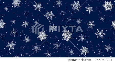 Striking winter vector pattern with white snowflakes on a midnight blue background, perfect for design, textiles, packaging, fabrics, wallpapers, branding, stationery, wrapping paper, home decor. 133960005