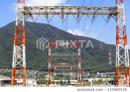 Transmission lines that carry large amounts of electricity from power plants to substations and consumption areas Transmission lines that carry large amounts of electricity from power plants to substations and consumption areas 133960536
