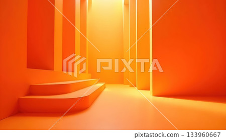 Sculptural Steps Rising Through a Softly Illuminated Orange Chamber 133960667