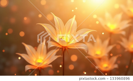 Floating Golden Blossoms With Soft Glowing Edges Creating Serene Atmosphere 133960896