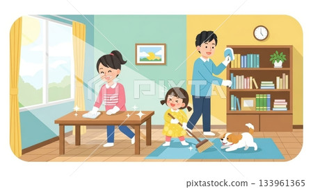 A bright and warm illustration of the whole family enjoying end-of-year cleaning A bright and warm illustration of the whole family enjoying end-of-year cleaning 133961365