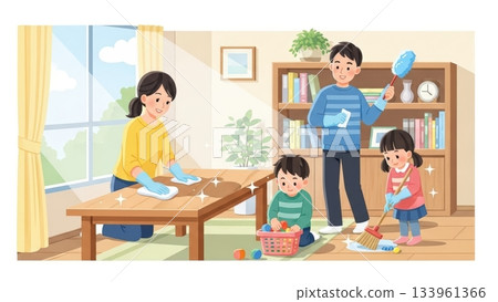 一幅明亮溫馨的插圖，描繪了全家人享受年末大掃除的場景。 133961366