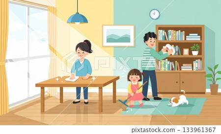 A bright and warm illustration of the whole family enjoying end-of-year cleaning 133961367