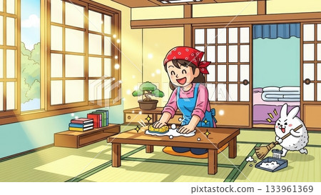 A bright and warm illustration of the whole family enjoying end-of-year cleaning 133961369