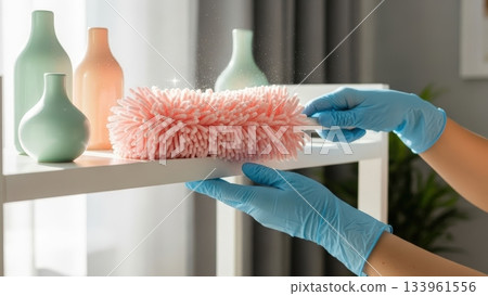 眼前是年末大掃除的場景，人們正興高采烈地擦拭著潔白的架子。 133961556