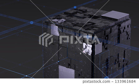 Abstract technological environment featuring a dark server-like form with blue grid lines and nodes Abstract technological environment featuring a dark server-like form with blue grid lines and nodes 133961684