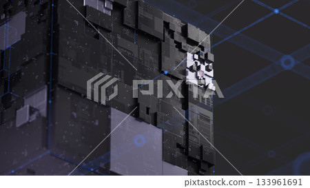 Complex 3D structure with interconnected blocks, circuitry patterns Complex 3D structure with interconnected blocks, circuitry patterns 133961691