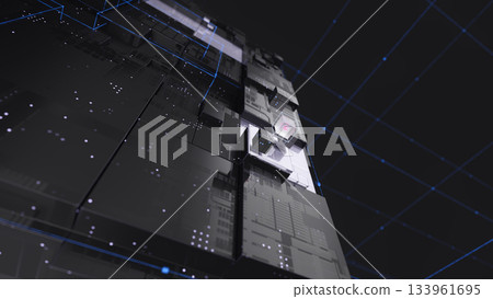 Complex technological composition featuring geometric forms, blue data lines Complex technological composition featuring geometric forms, blue data lines 133961695