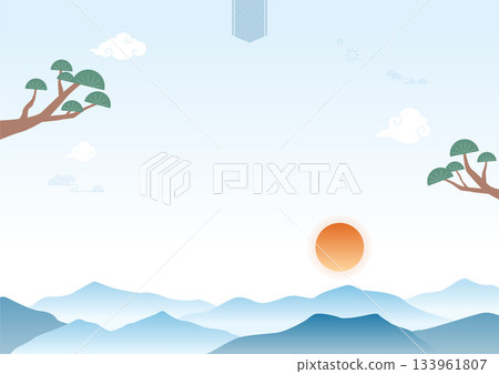 Vector illustration of a landscape with sun and mountains. 133961807