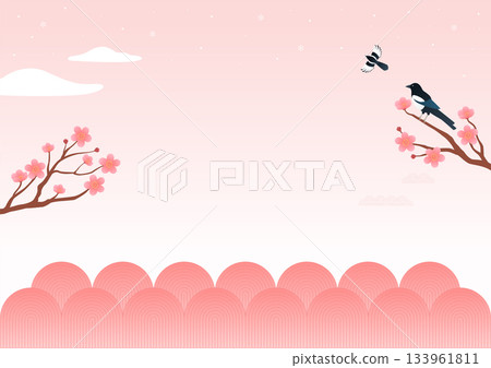 Vector illustration of a landscape with pink flowers and magpies. Vector illustration of a landscape with pink flowers and magpies. 133961811