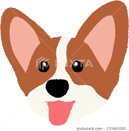 Hand drawn cute crayon of corgi puppy with tongue out for playtime, animal decoration, dog cartoon, paw friend, pet shop, vet, character, comic, head shape, adopt and rescue dog, shelter, foster home 133962005