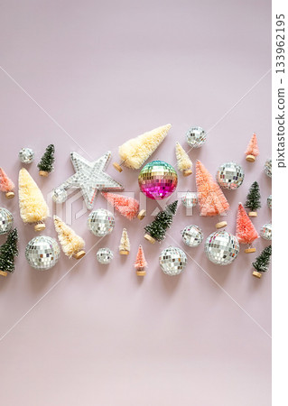 Bottle brush christmas trees, disco ball ornaments and star decoration Bottle brush christmas trees, disco ball ornaments and star decoration 133962195