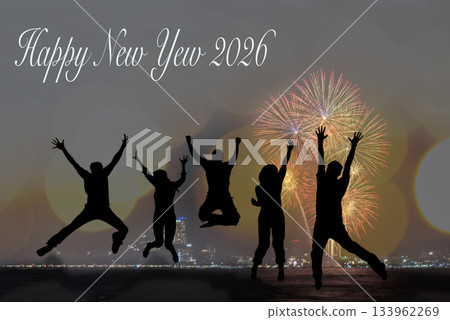 Silhouette happy business teamwork jumping and cheering crowd fireworks Silhouette happy business teamwork jumping and cheering crowd fireworks 133962269