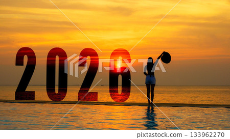 Happy new year card 2026. Silhouette lifestyle woman yoga raise arm standing as part of Number 2026 Happy new year card 2026. Silhouette lifestyle woman yoga raise arm standing as part of Number 2026 133962270