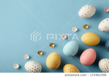 Colorful and decorative Easter eggs with patterns arranged on a pastel blue backdrop 133962496