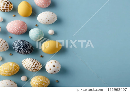 Colorful and decorative Easter eggs with patterns arranged on a pastel blue backdrop Colorful and decorative Easter eggs with patterns arranged on a pastel blue backdrop 133962497