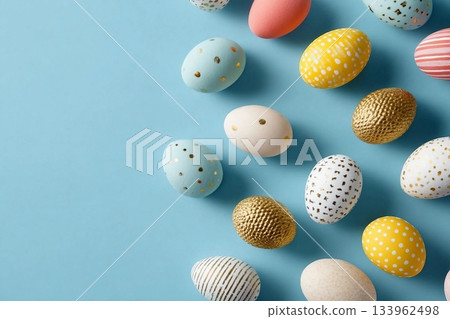 Colorful and decorative Easter eggs with patterns arranged on a pastel blue backdrop 133962498