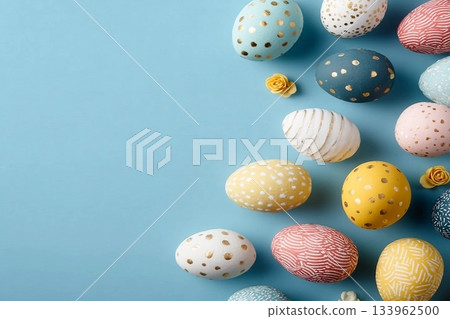 Colorful and decorative Easter eggs with patterns arranged on a pastel blue backdrop 133962500