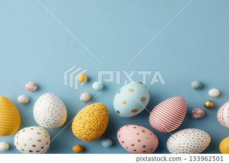 Colorful and decorative Easter eggs with patterns arranged on a pastel blue backdrop 133962501