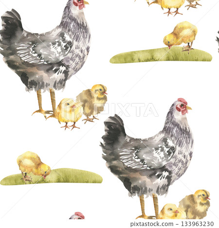 Farmyard birds watercolor seamless pattern with black hen and yellow chicks on green grass lawn illustration. Rustic life,farm animals background for fabric,textile, organic product packing design 133963230