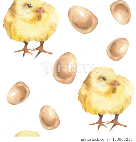 Yellow chicken and beige eggs watercolor seamless pattern. Hand drawn farm birds and food repeated clipart, cute yellow chick painting for easter festive, packing, rustic style design 133963233